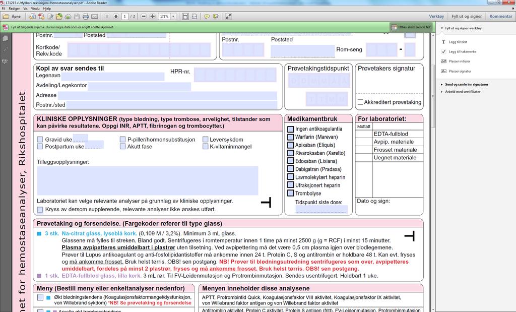 Rekvirenten må oppgi antikoagulantia på rekvisisjonen