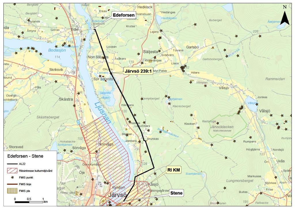 Figur 10. Karta över fornlämningar i närheten av ledning AL22. 4.5.