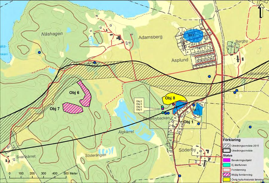 Kompletterande arkeologisk utredning etapp 1, väg 77, söder om Adamsberg 8 Figur 2. De arkeologiska objekten 1-8 och fornlämningarna RAÄ-nr Rimbo 18:1, gravfält och Rimbo 50:1, gravfält uppgift om.