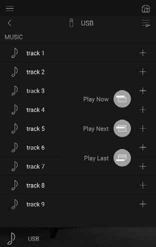 Play Queue Lägga till Play Queue information 1. Välj ingången "INPUT" på appens skärm och klicka på ikonen "USB". Eller välj ingången "NET" och klicka på ikonen "USB" eller ikonen "Music Server".