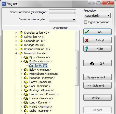 2.3 Välj ort i ortträdet Disgen levereras med ett komplett träd över Sveriges län och församlingar (enligt indelningen 1989) och när du ska skriva in en geografisk plats (by, gård, hus, torp) bör du