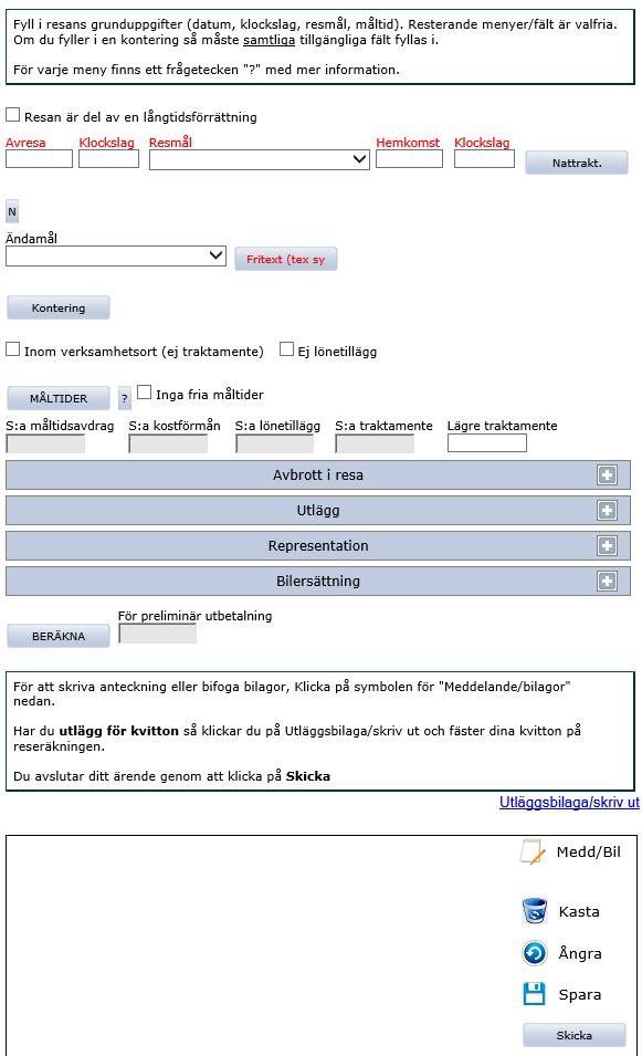 3 Fyll i Avresa från bost/kontoret, Klockslag, Resmål, Hemkomst till bost/kontoret samt Klockslag. 4 Vid privat boende, klicka på Nattraktamente, ange antal nätter. 5 Välj Ändamål i listan.