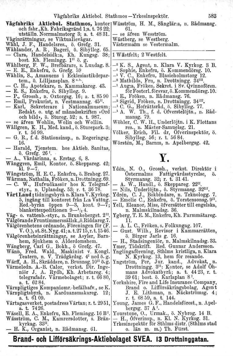 Vågfabriks Aktiebol. Stathmos Yrkesinspektör. VAgfabri'ks Aktiebol. Stathmos, kontor Wäsström, H. M., Sånglär.a, och fabr.,kh. Fabriksgränd I:a, t. 7622; 61. utställn. Norrmalmstorg 3; a. t. 4831.