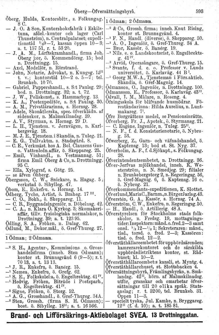 ÖbergÖfversättningsbyrå. 593 Öberg, Hulda, Kontorsbitr., s. Folkungag. iödma;~2ödma;~~~'~~~~~ 8 C. ~ J. O. & Son, Kontorsboksfabrik i Eskils _2 & Co, Grossh. firma; inneh.