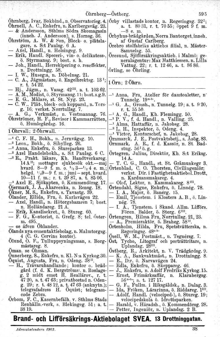 ÖhrnbergÖstberg. 595 Qhrnberg,'1var, Bokbind., n. Observatorieg. 4,. Örby villastads kontor, n. Regeringsg. 321; Ohrnell, A: C., Enkefru, n. Karlbergsväg. 23.,a. t. 8031, r. t. 7055; öppet 9 f. m.