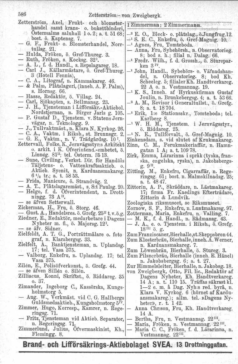 586 Zetterström von Zweigbergk, Zetterström, handel Axel,' Frukt och blomstersamt krans o. bukettbinderi. l Zimmerman:, 2 Zimmermann..,,' li Öster~lalms saluhall 10.2; a. t. 5168; _2 E. O., Bleck o.