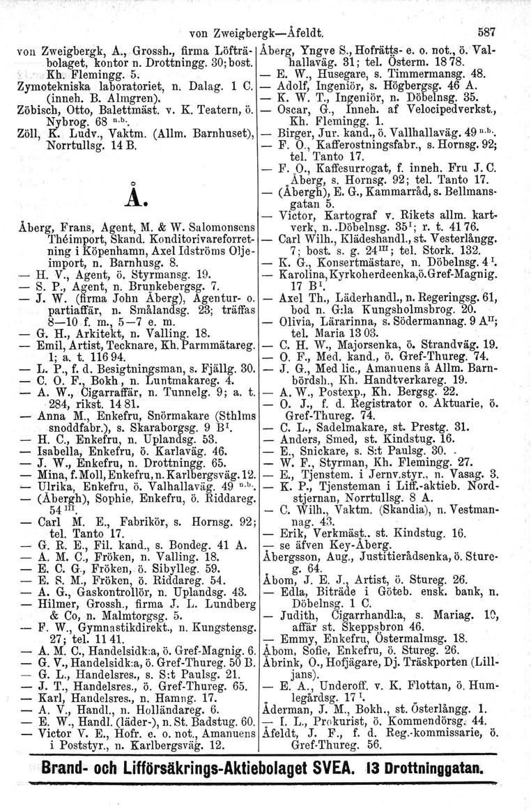 von ZweigbergkeÄfeldt. 587 von Zweigbergk, A., Grossh., firma Löfträ Åberg, Yngve S., Hofrätts e. o. not., ö.' Valbolaget, kontor n. Drottningg. 30; bost. ballaväg. 31; tel. Osterm. 1878. Kh.