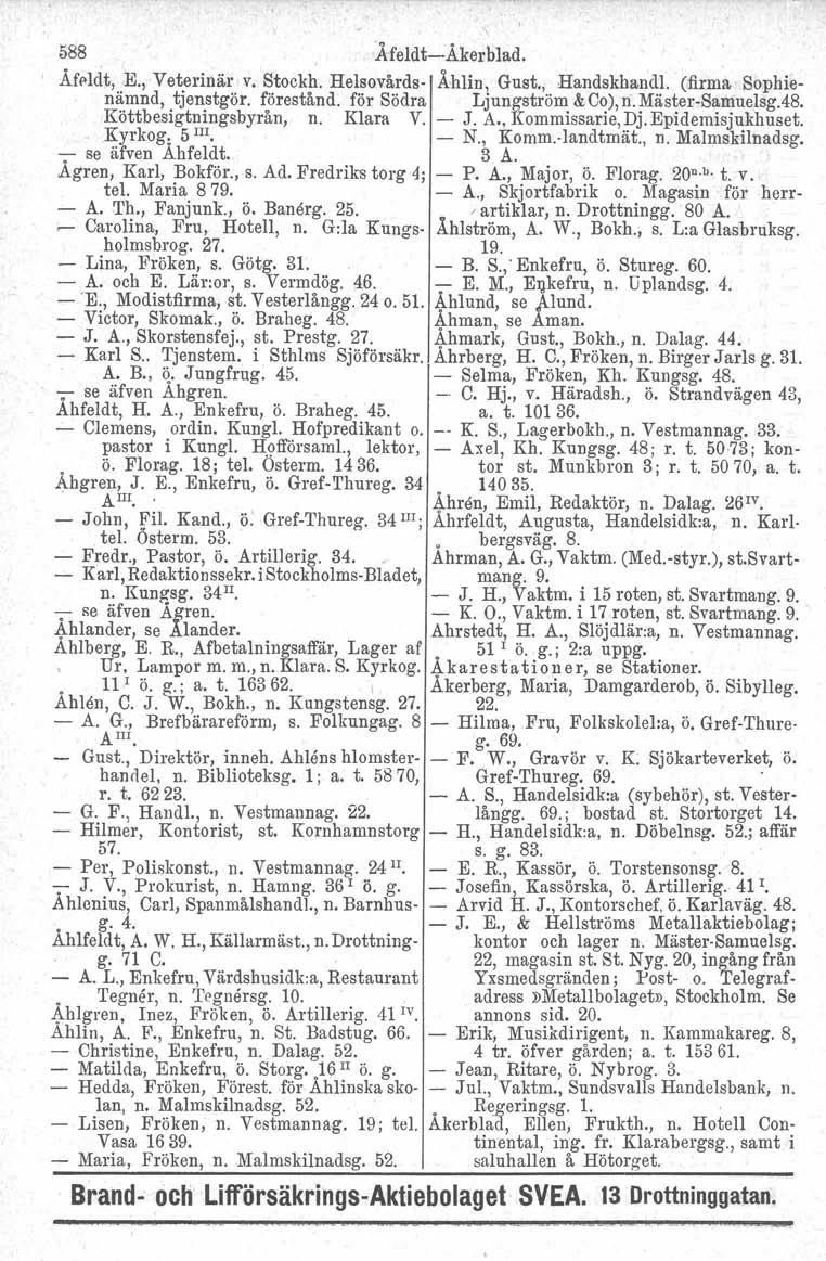 588 Afeldt':Äkerblad. Åfeldt, K, Veterinär v. Stockh. Helsovårds Åhlin, Gust., Handskhandl. (firma Sophienämnd, tjenstgör. förestånd. för Södra Ljungström &Co),n.MästerSamuelsg.48.