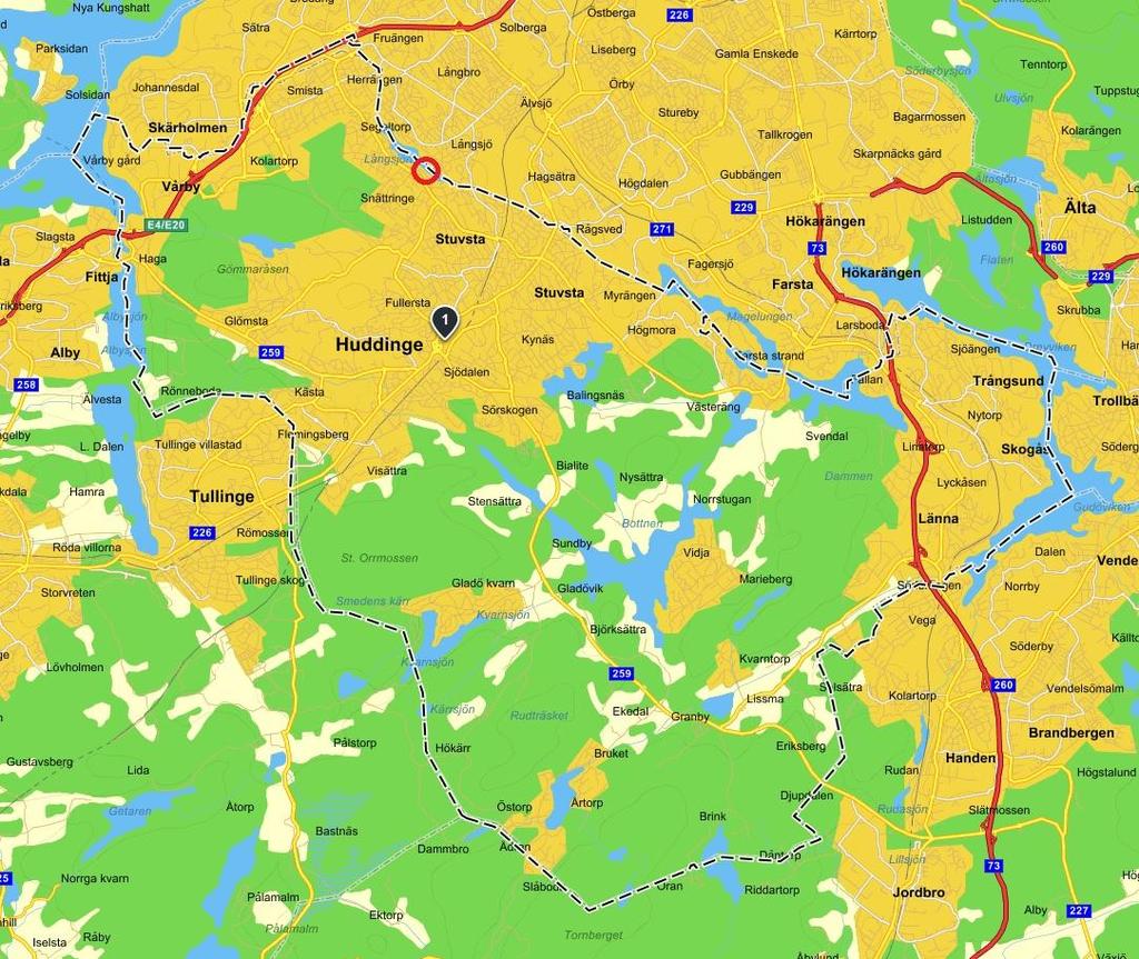 Figur 2. Karta över Huddinge kommunen med fastigheten utmärkt i rött. Källa: eniro.se 1.