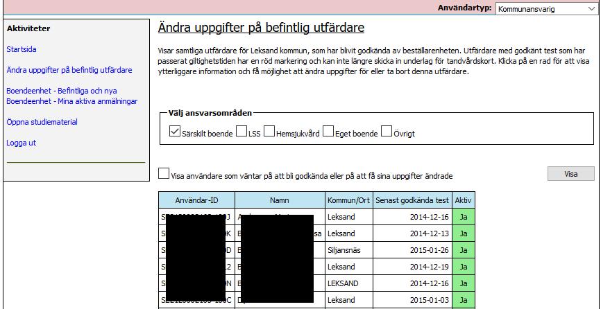 Ändra uppgifter När användaren klickat på Ändra uppgifter på befintlig utfärdare så visas ovanstående sida. Här listas samtliga utfärdare som har tillgång till T99Webb enligt vald sortering.