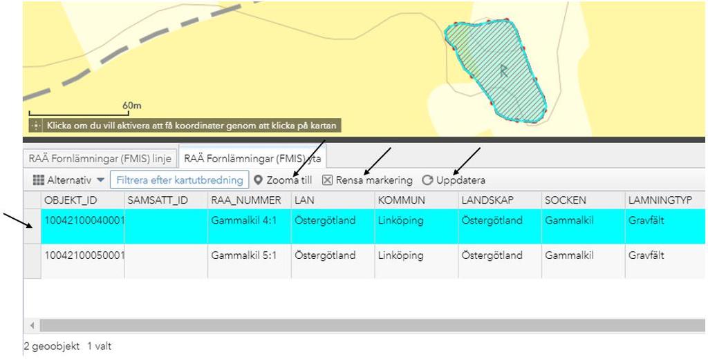 samt rensa markering via knapparna med samma namn. Klickar du på Uppdatera kan det synas ytterligare kartobjekt i attributtabellen.