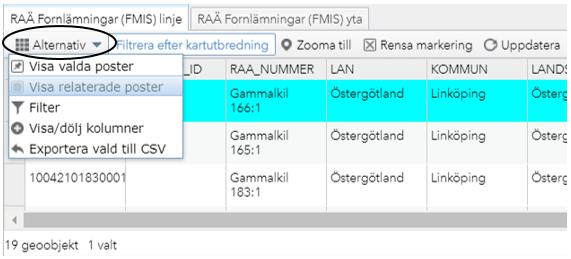 Har du kartobjekt markerade i attributtabellen kan du välja att endast visa dessa via Visa valda poster.