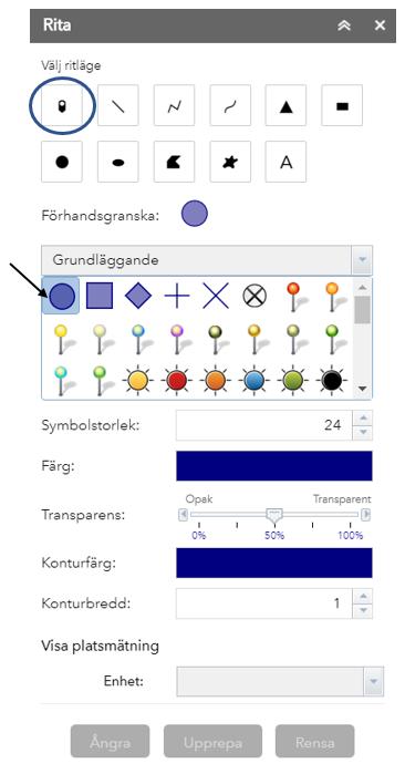 Beroende på vilken symbol som väljs visas olika valmöjligheter för ytterligare