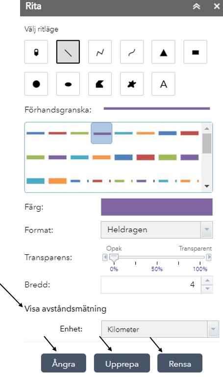 Välj och ställ in de inställningar som önskas för linjens symbol, såsom färg, format (heldragen, streck, punkt, streck punkt, streck punkt punkt), transparens, och bredd.