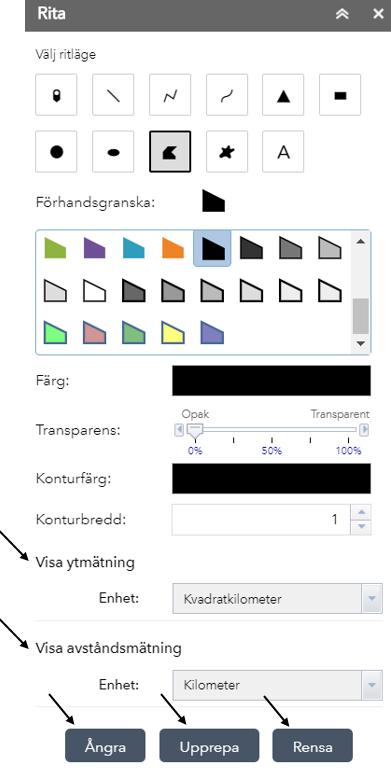 Klicka i kartan för att börja rita ytan. Klicka i kartan för att börja rita linjen.