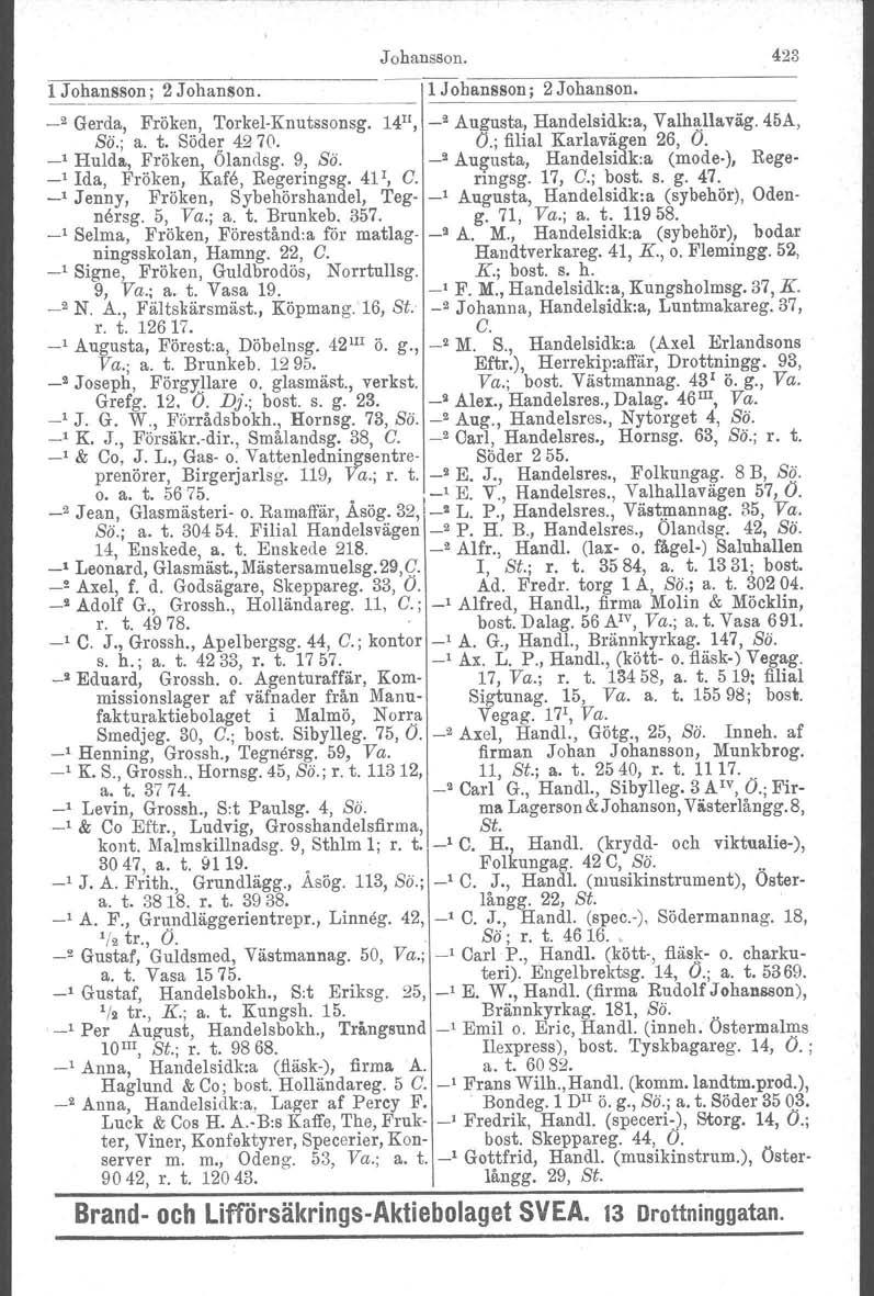 Johansson. 423 1 Johansson; 2 Johanson. 1 Johansson; 2 Johanson. _2 Gerda, Fröken, Torkel-Knutssonsg. 14 Il, _2 Augusta, Handelsidk:a, Valhallaväg. 45A, Bö.; a. t. Söder 4270. O.