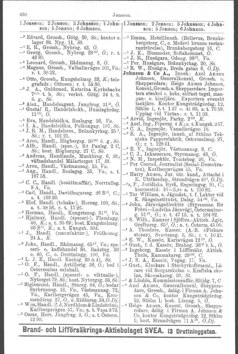 430 Jonsson. l Jonsson; 2 Jonson; 3 Johnsson; 4 John- l Jonsson; 2 Jonson; 3Johnsson; 4 Johnson; 5 Jonzon; 6 Johnzon. son; 5Jonzon; tijohnzon. _8 Edvard, Grossh., Götg. 20, Bo.; kontor o.