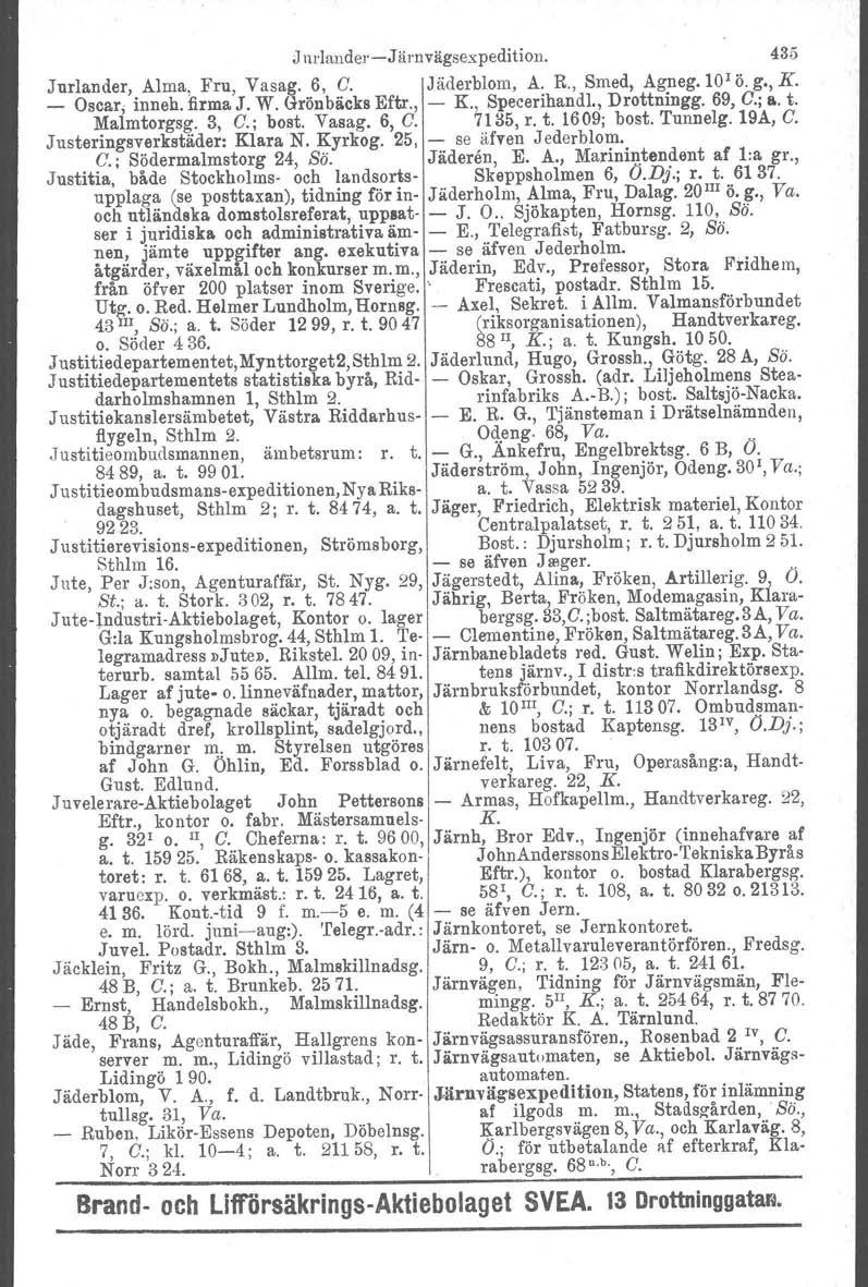 J nrlander-järnvägsexpedition. 435 Jurlander. Alma, Fru, Vasag. 6, C. Jäderblom, A. R., Smed, Agneg.10 1 ö.s, K. _ Oscar; inneh. firma J. W. Grönbäcks Eftr., - K., Specerihandl., Drottningg. 69, C.