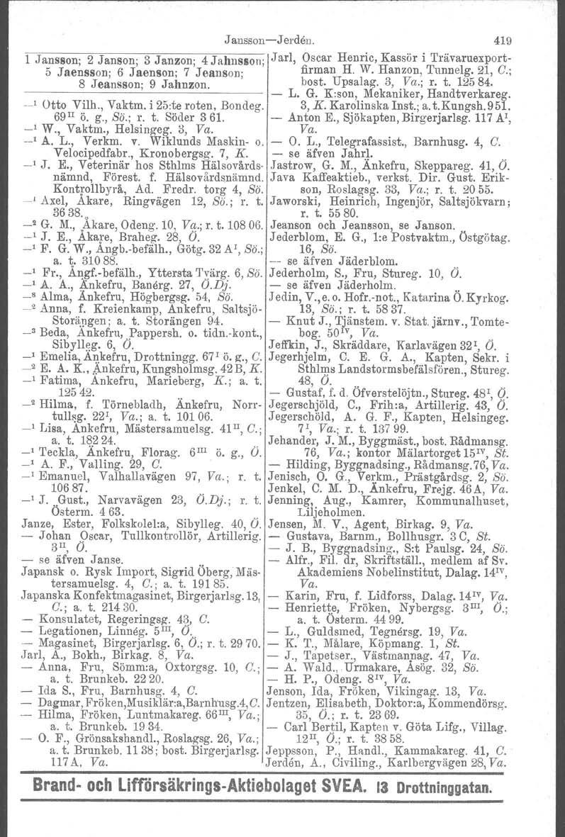 Jansson-Jerden. 419 1 Jansson; 2 Janson. S Janzon; 4 Jahnsson; Jarl, Oscar Henric, Kassör i Trävaruexport- 5 Jaensson, 6 Jaenson. 7 Jeanson. firman H. W. Hanzon. Tunnelg. 21, C.