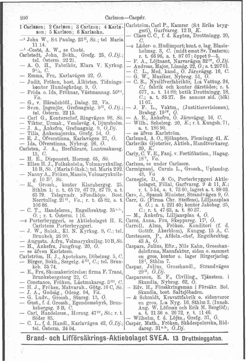 Y30 - -. -- - p Carlsson-Caspkr. - - - 1 Carbson; 2 Carlson ; 3 Carlzon; 4 Karls- Carlström, Carl P., Kamrer (S:t Eriks brygson ; 5 Karlson ; 6 Karlsohn. geri), Garfvareg. 12 B, K. -- - Claes C. C., f.
