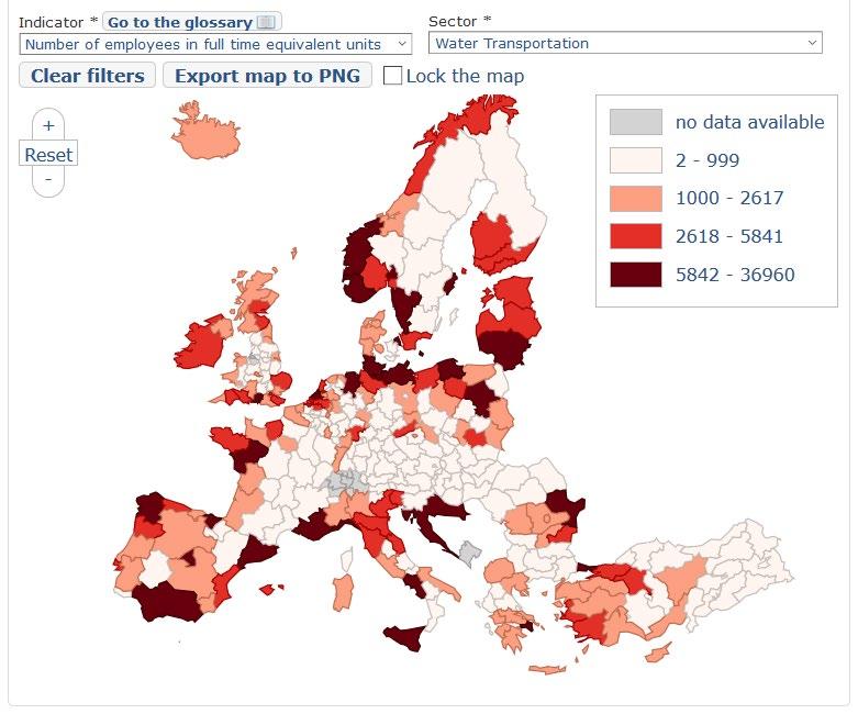 Sjöfartskluster i Europa Water transportation 2013 Employees RO22 Sud- Est 28 211 PL12 Mazowieckie 25 401 EL30 Attiki 21 467 NO05 Vestlandet 19 615 NO04 Agder