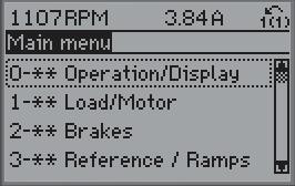 Parameter Beteckning Inställning 0-01 Språk 1-20 Motoreffekt [kw] 1-22 Motorspänning [V] 1-23 Motorfrekvens [Hz] 1-24 Motorström [A] 1-25 Nominellt motorvarvtal [rpm] 5-12 Plint 27, digital ingång