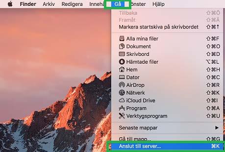 I fältet för Serveradress: skriver du in din hemkatalogs adress. För hemkatalogen för GDA är adressen till exempel följande (utan en punkt i slutet) för ett x- konto som börjar på XA: smb://home.gu.