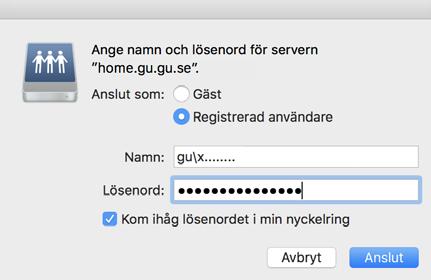 Klicka på Anslut. Eventuellt kan det dyka upp en ruta där du återigen behöver klicka på Anslut. Fyll i inloggningsuppgifter vid uppmaning. Se till att Registrerad användare är valt.