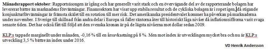 Kommentar och utveckling för KLP-Totalt 31 Oktober 2016 Utveckling andelsvärde för perioden 2003-02 - 2016-10 Portföljen Index Aktieinnehav 65% 250% 200% 55% 150% 45% 100% 35% 50% 0%