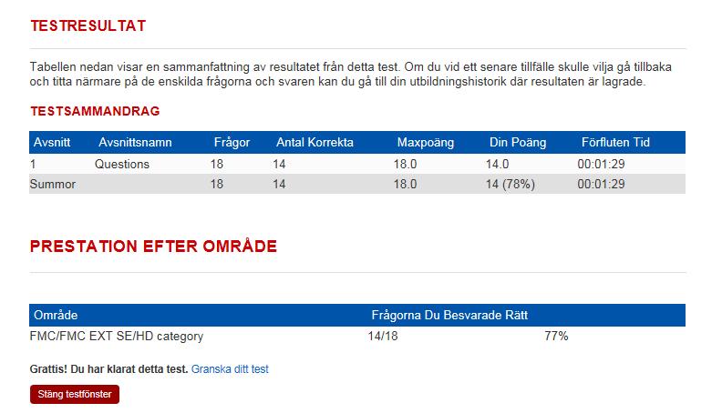 När du gjort testet och klickat på skicka in får du omedelbart se ditt resultat.