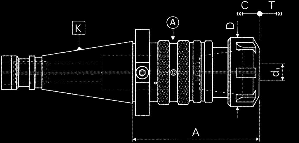 Gängapparat med axiell flytrörelse Avsedd för spännhylsa ER och med inre kylning DIN 2080 10.610 Tryck (C) och drag (T).
