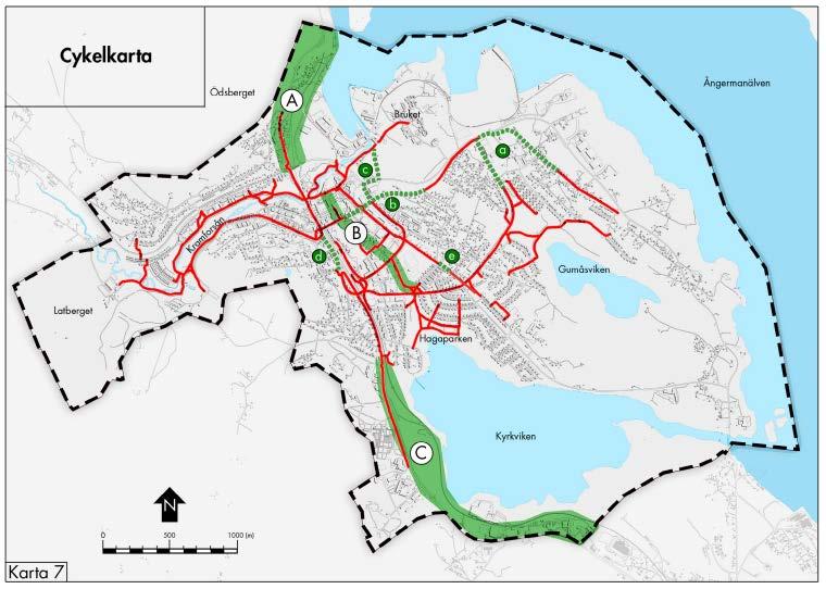 Cykelkarta över Kramfors stad som visar befintliga och förslag till utbyggnad av cykelstråk Kollektivtrafik Lokalbussar trafikerar längs med Gränsgatan som angränsar planområdets i norr.