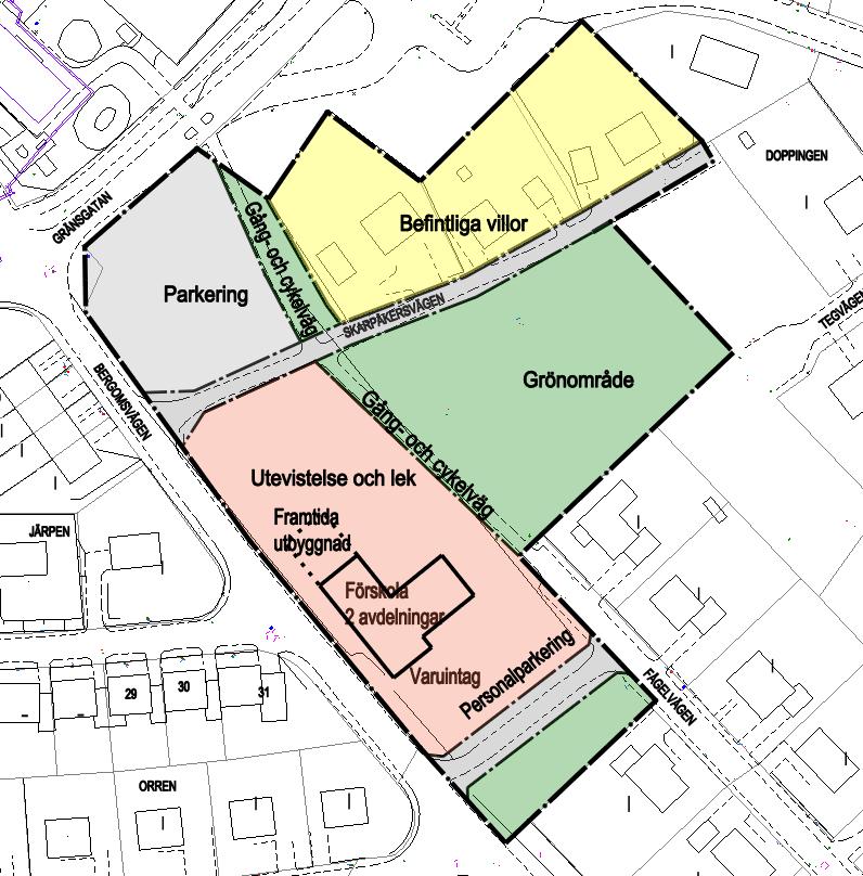 Förskola Föreslagen byggnad kommer att bestå av två avdelningar med en central del med kök och personalutrymmen.