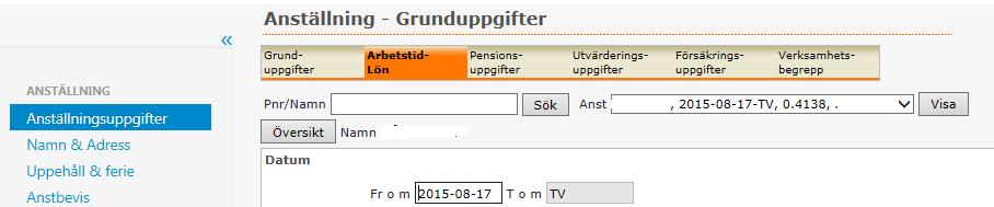 Välj Visa meny, Mina anställda, välj sedan fliken Arbetstid-Lön I rutan Fr o m läggs det datum som ändringen ska gälla ifrån.