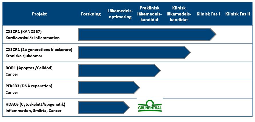 Kanceras projektportfölj Kancera bedriver utveckling av fyra läkemedel mot cancer och inflammatoriska sjukdomar som tar sin start i ett nytt behandlingskoncept och avslutas med en patentsökt