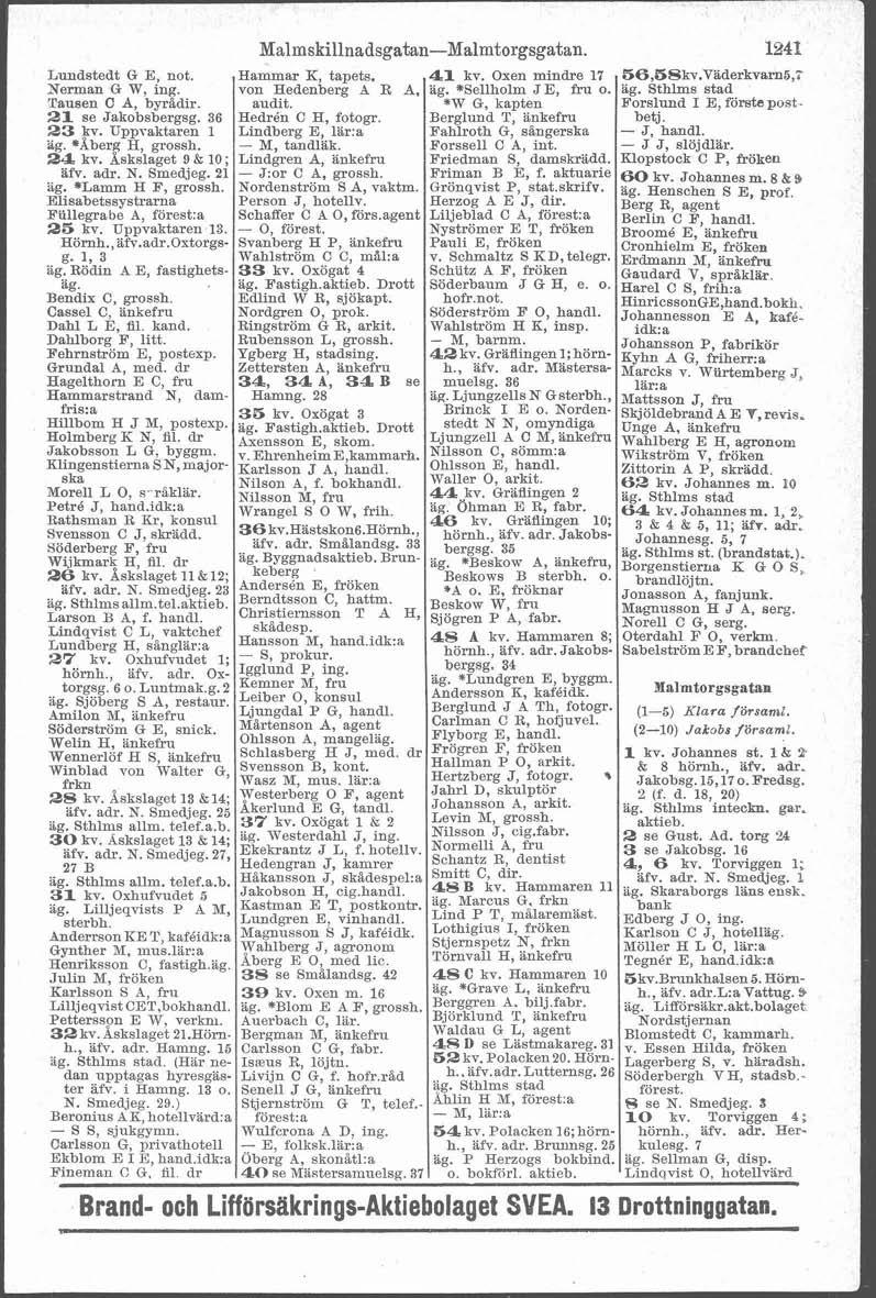 Malmskillnadsgatan-Malmtorgsgatan. Lundstedt G E, not. Hammar K, tapets. 41 kv. Oxen mindre 17 56,58kv.Viderkvm5,5 Nerman G W ing. von Hedenberg A R A, ag. +Sellholm JE, fru o. Tausen C A, byridir.