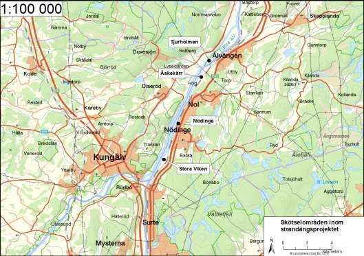 Figur 1. Trafikverkets kompensationsprojekt Göta älvs strandängar omfattar fyra områden: Stora Viken, Nödinge, Äskekärr och Tjurholmen.