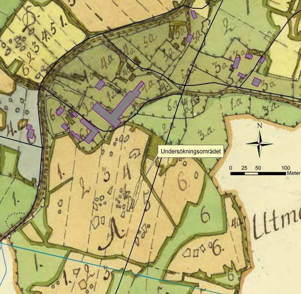 Figur 12. Undersökningsområdets läge mot 1769 års karta. Figur 13.