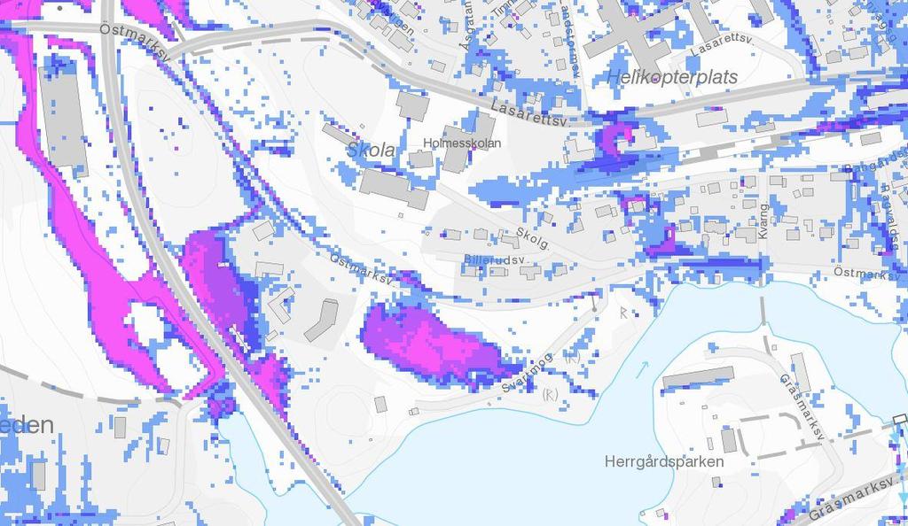 Förslag på dagvattenhantering Marknivåer Enligt länsstyrelsen i Värmlands skyfallskartering finns riskområden inom planområdet som kan översvämmas vid ett 100-årsregn.