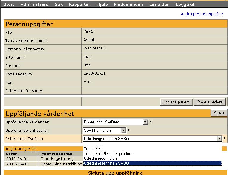 BYTA UPPFÖLJANDE VÅRDENHET Om personen man tidigare följt upp har flyttat och en annan enhet ska följa upp patienten klickar man Ändra vid Uppföljande vårdenhet på patientsidan, se bild 13 och fyller