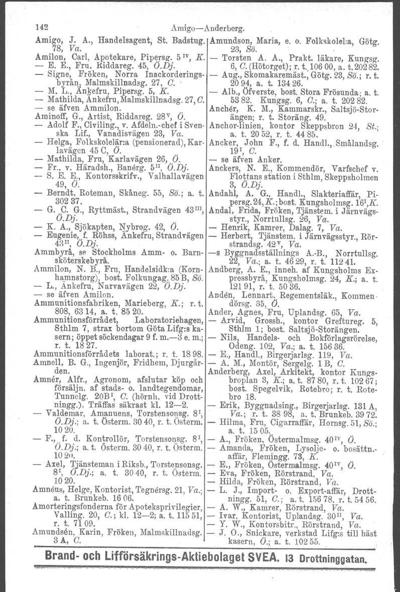 142 Amigo-Anderberg. Amigo, J. A., Handelsagent, St. Badstug. Amundson, Maria, e. o. Folkskolel.a, Götg. 78, Va. 23, Sö. Amilon, Carl, Apotekare, Pipersz. 5 IV, K. - Torsten A. A., Prakt.