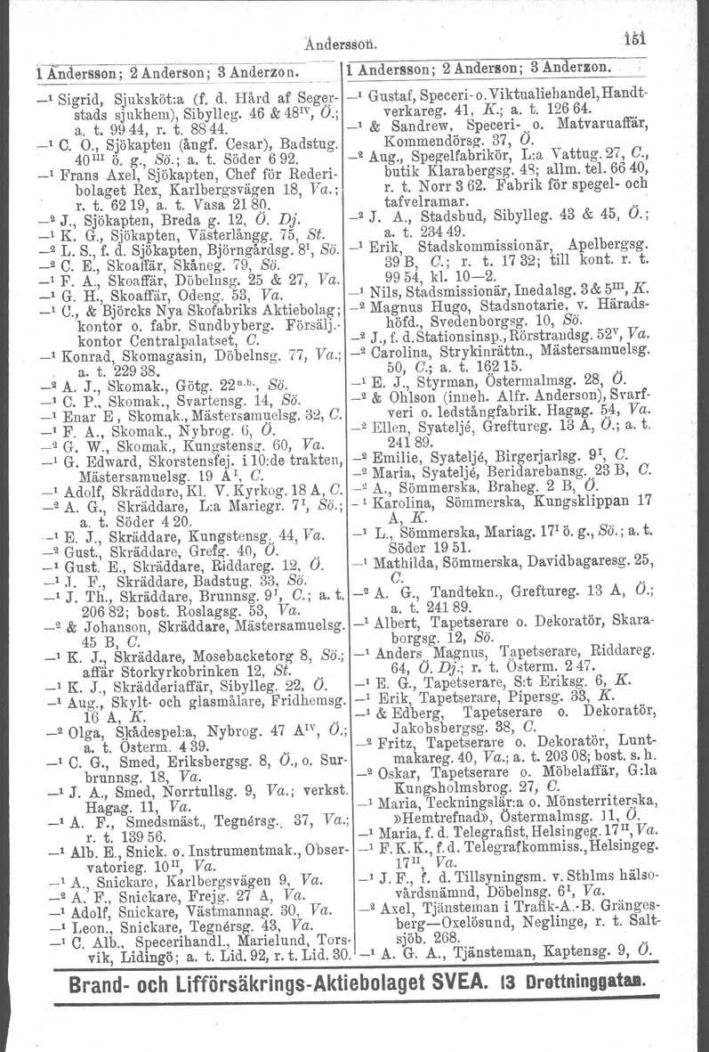 Åndersson. 1Andersson 1 2 Anderson; 3 Anderzo n. Il Andersson; 2 Anderson; 3 Anderzon. _, Sigrid, Sjuksköt:a (f. d. Hård af Seger- Gustaf, Speceri-o.Viktualiehandel,Handtstads sjukhem), Sibylleg.