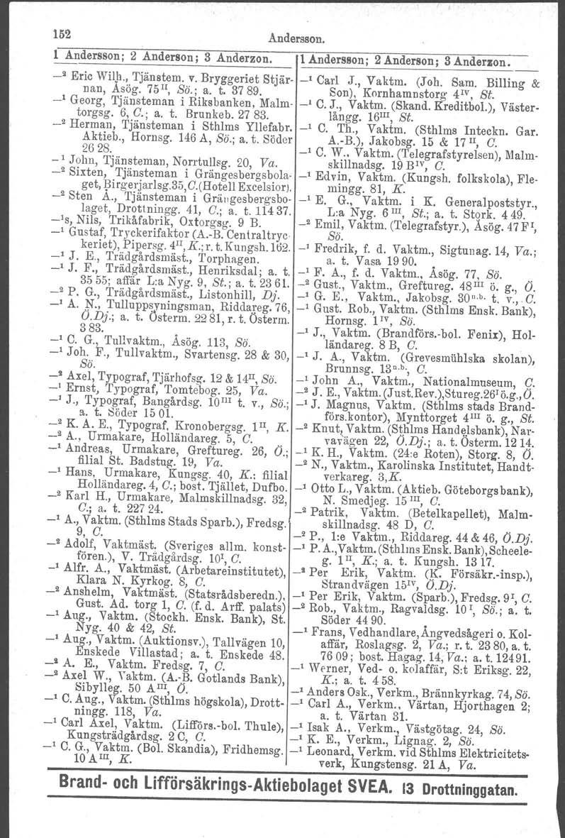 152 Andersson. l Andersson; 2 Anderson j 3 Anderzon. 1 Andersson; 2 Anderson; 3 Anderzon. Eric With., Tjänatern. v. Bryggeriet Stjär- Carl J., Vaktm. (J oh. Sam. Billing & nan, Asög. 75 Il, Sii.; a.