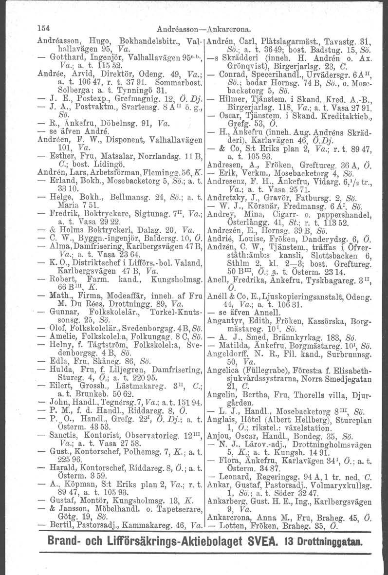 154 Andreasson -Ankarcrona. Andreasson; Hugo, Bokhandelsbitr., Val- Andren, Carl, Plåtslagarmäst., Tavastg. 31, hallavägen 95, Va. Sn., a. t. 3649; bost. Badsbug. 15, Sö.