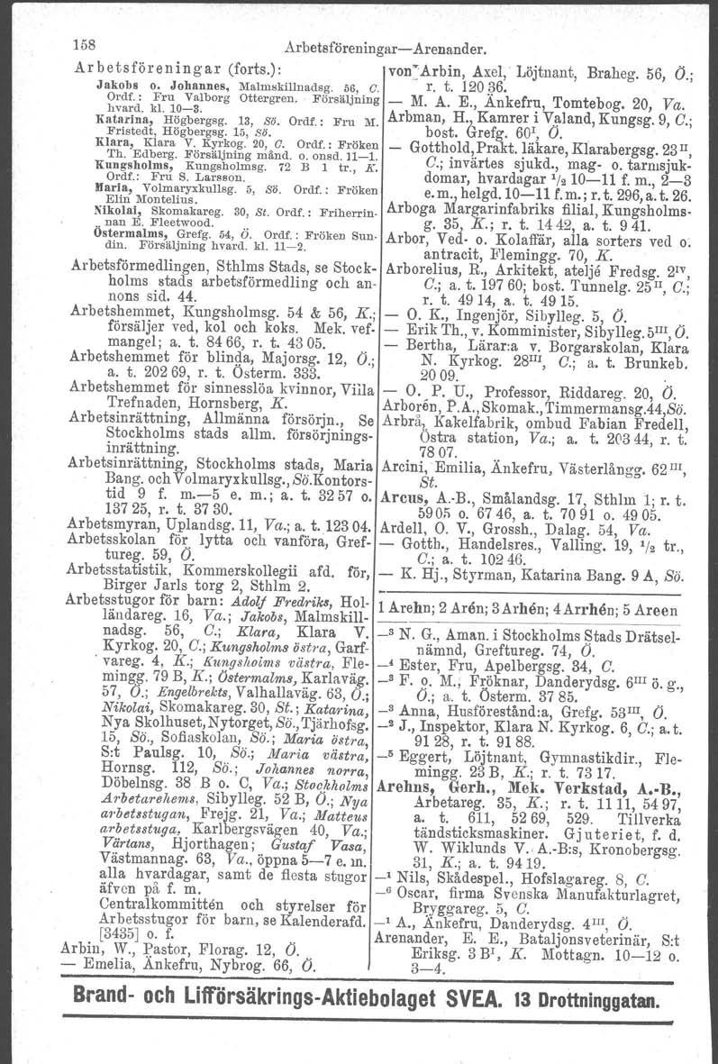 158 Arbetsföreningar- Arenander. Arbetsföreningar (forts.): von:arbin, Axel, Löjtnant, Braheg. 56, O.; Jakobs o. Johannes, Malmskillnadsg. 56, C. r. t. 120!?6. Ordf.: Fru Valborg Ottergren.