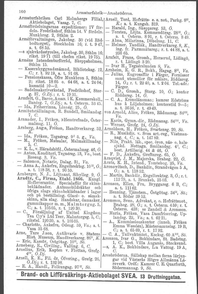 160 Armaturfabrik-Arosbröderna. Armaturf~briken Carl Holmbergs Filial, ArnelI Tord, Hofrätts- e. o. not., Parkg. 81I, Aktiebolaget, Vasag, 7, C. k; a. t. Kungsh, 319.