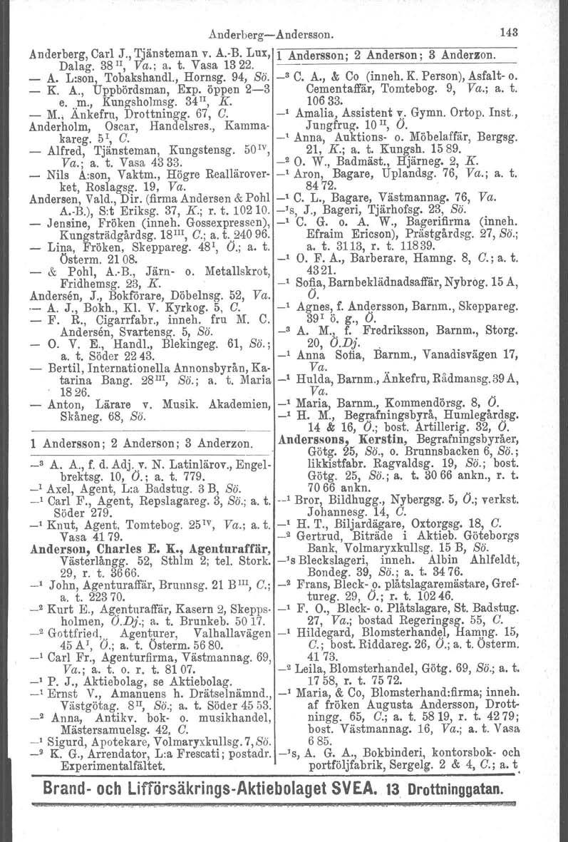 Anderberg-Andersson. 143 Anderberg, Carl J., Tjänsteman v. A.-R Lux, 1 Andersson' 2 Anderson' 3 Anderzon. Dalag. 38 II, Va.; a. t. Vasa 1322. ', _ A. L:son J Tobakshandl., Hornsg. 94, Sö. _3 C. A., & Co (inneh.