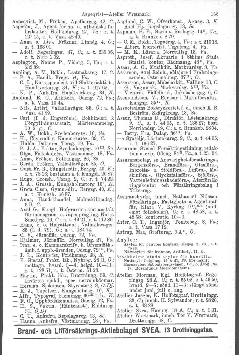 Aspeqvist-Atelier Wretmark. 163 Aspeqvist, M., Fröken, Apelbergsg. 42, G. Asplund, C. W., Öfverkonst., Agneg. 3, K. Asperen, J., Agent för in- o. utländska fa- - Axel Hj., Repslagareg. 13, Sö.