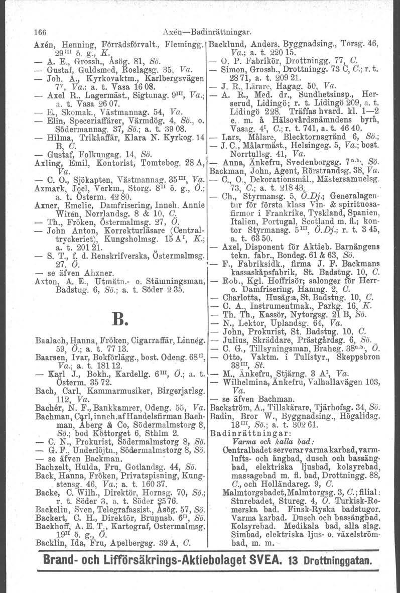 166 Axen-Badinrättningar. Axen, Henning, Förrädsförvalt., Elemingg. Backlund, Anders, Byggnadsing., Torsg. 46, 29 lii ö. g., K., Va.; a. t. 22015., - A. E., Grossh., Asög, SI, Sö. - O. P.