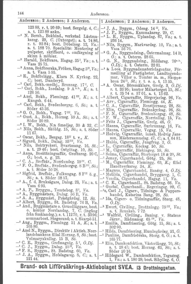 144 Andersson. Andersson; 2 Anderson; 3 Anderzol):. l Andersson; 2 Anuerson; 3 Anderzon-.- 12388, r. t. 20 69; bost, Sergelg. 4, C.; J. A., Byggm., Odeng. 14 II, Va. a. t. 12388 ankn, J. P., Byggm., Kammakareg.